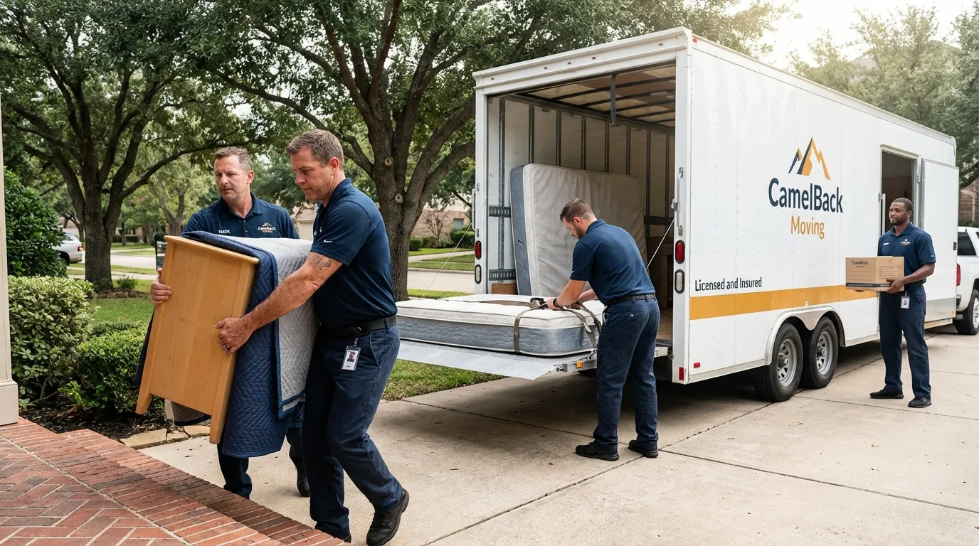 Crew loading residential truck for cross-state move from Villa Park, CA