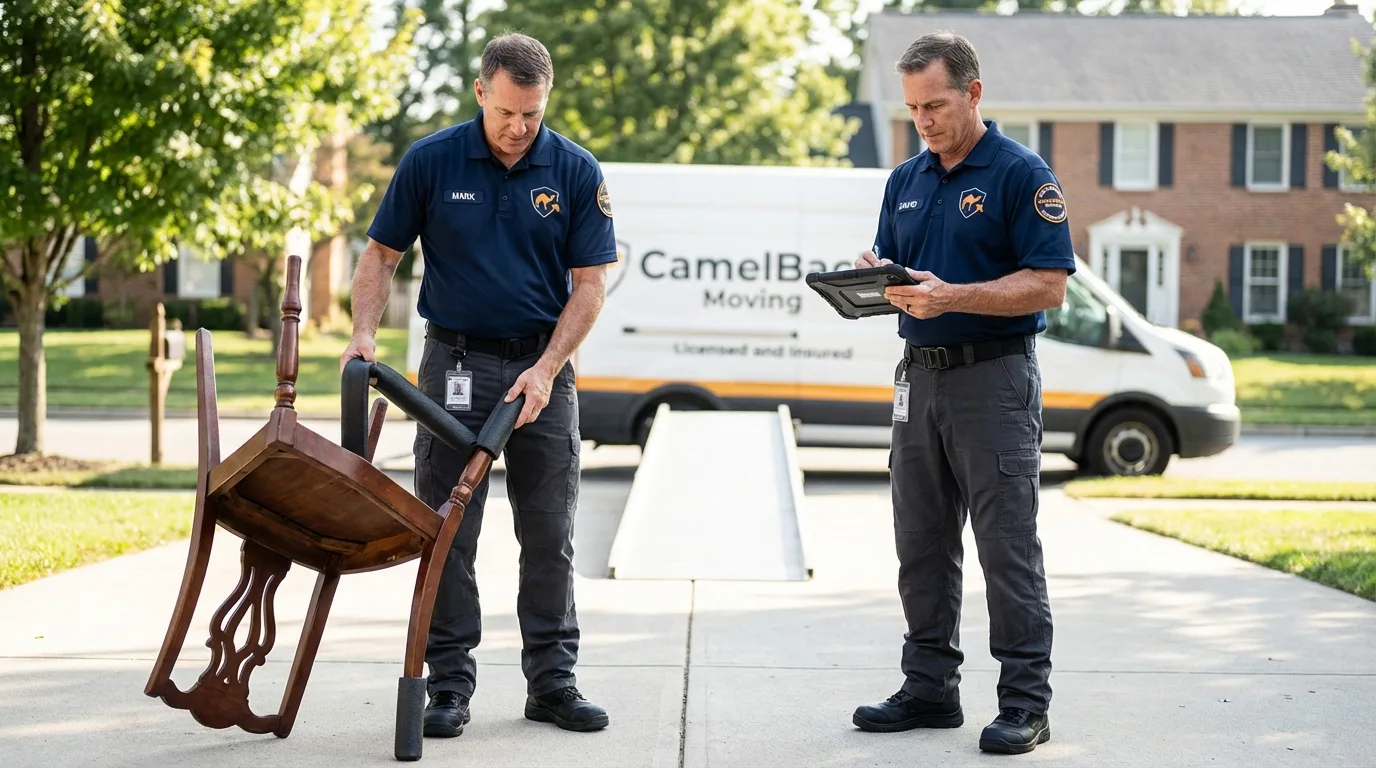 Movers inspecting furniture for damage prevention before loading in Villa Park, CA