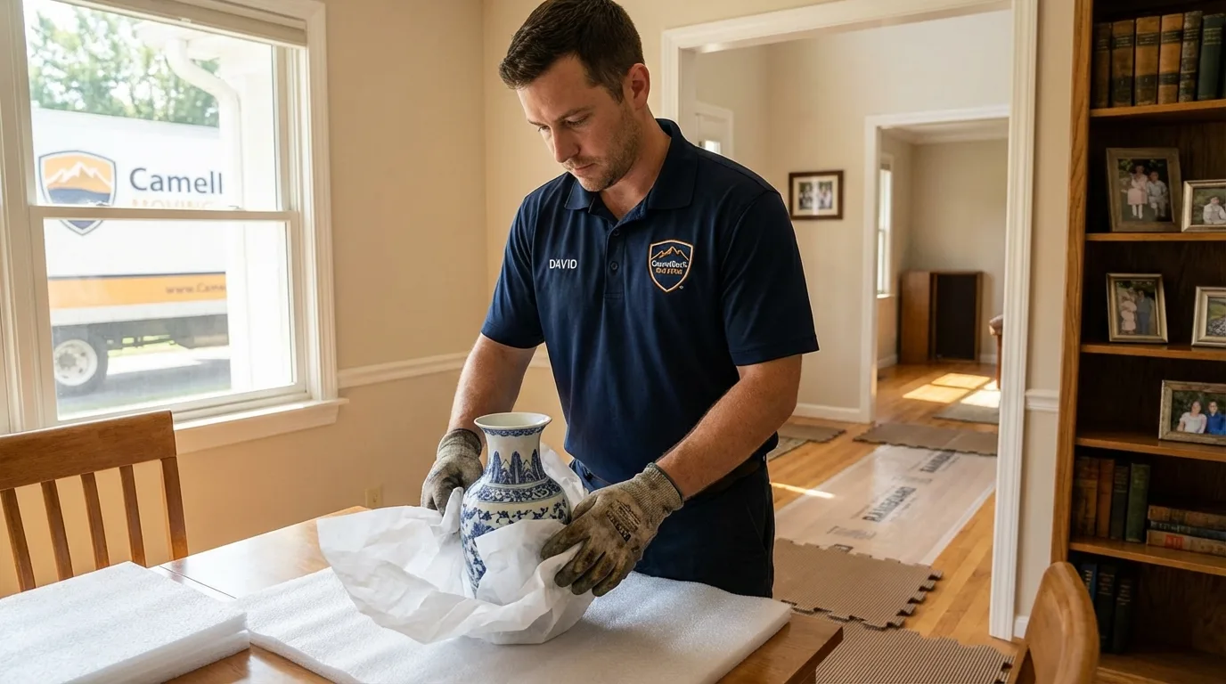 Professional crew carefully wrapping antique vase for senior downsizing move in Villa Park, CA